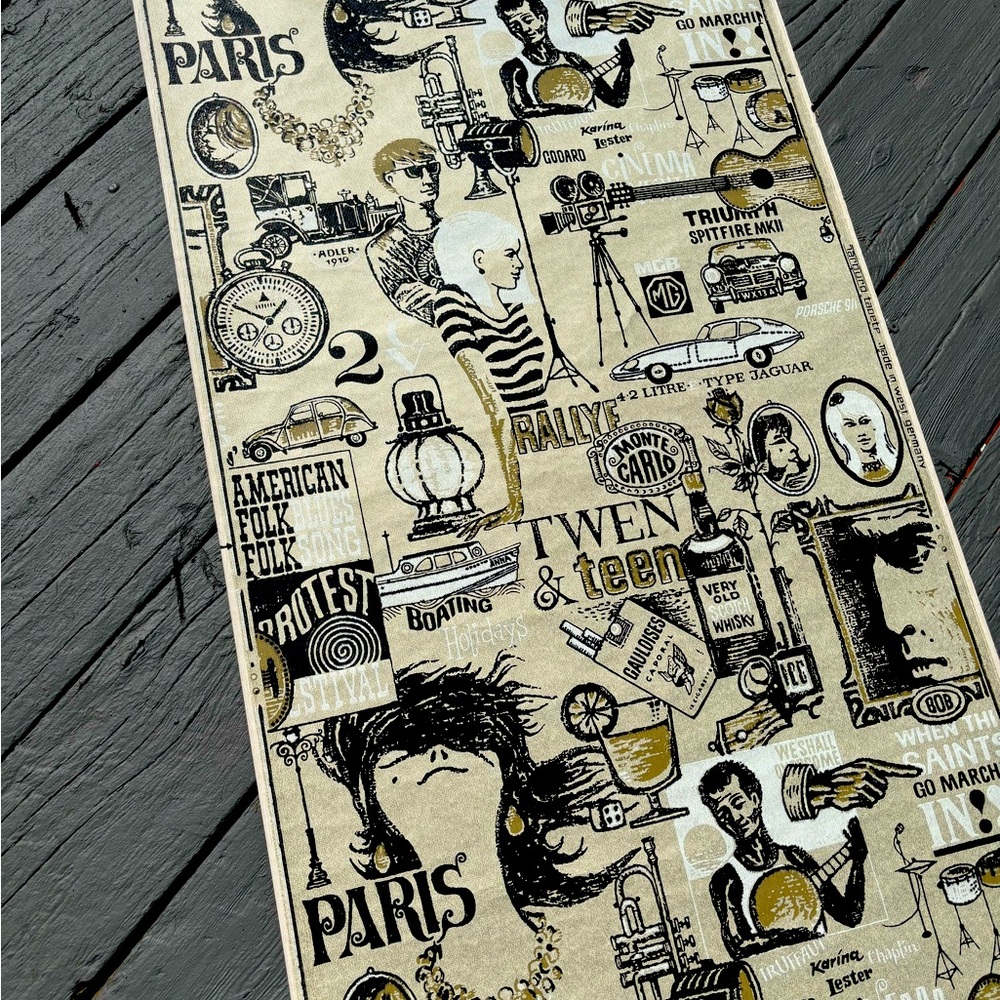West German rare antique vintage wallpaper 60’s 70’s Paris protest Jaguar booze
